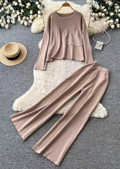 Modern Khaki Oversized Patchwork Pocket Knit Two Pieces Set Fall