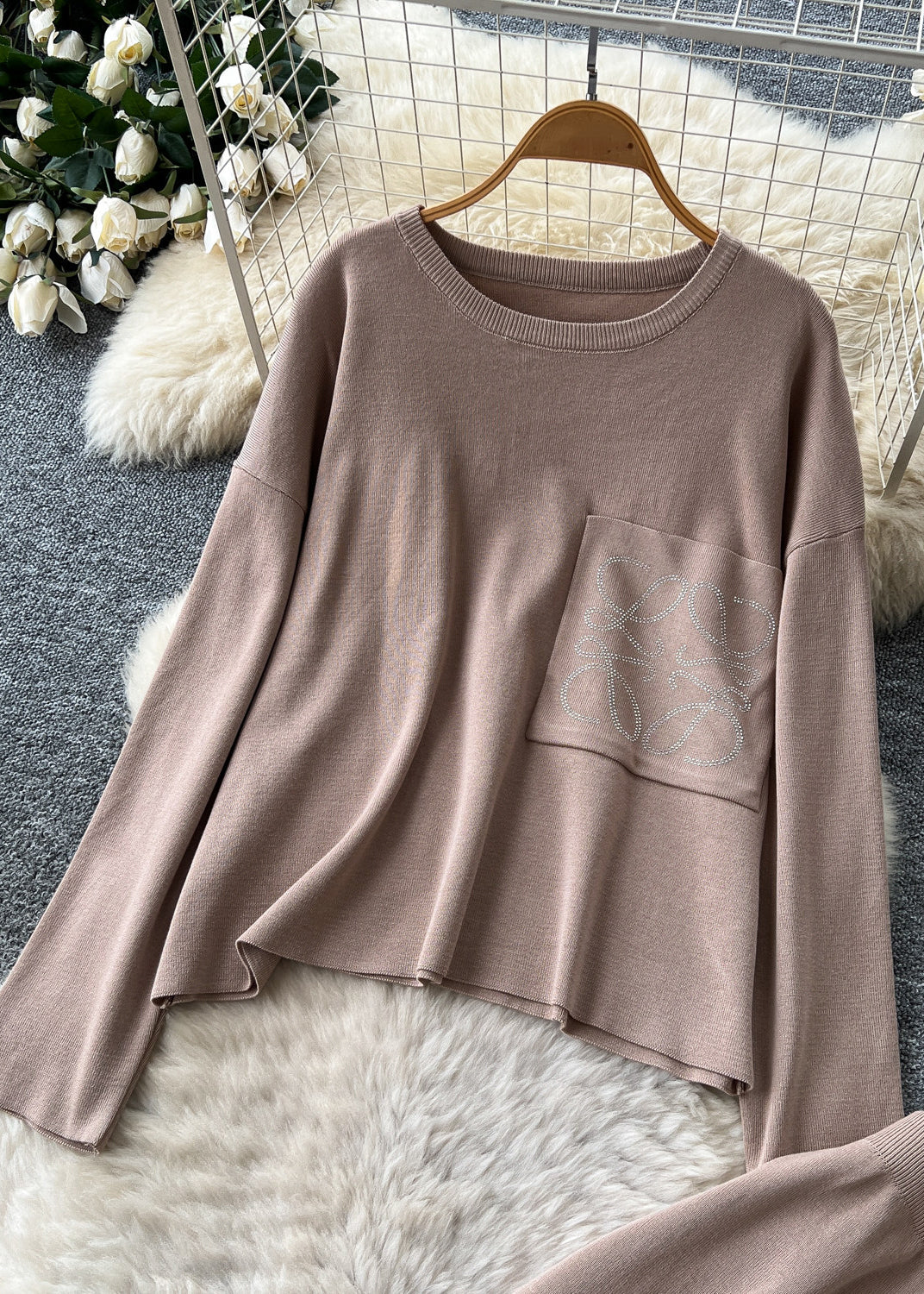 Modern Khaki Oversized Patchwork Pocket Knit Two Pieces Set Fall