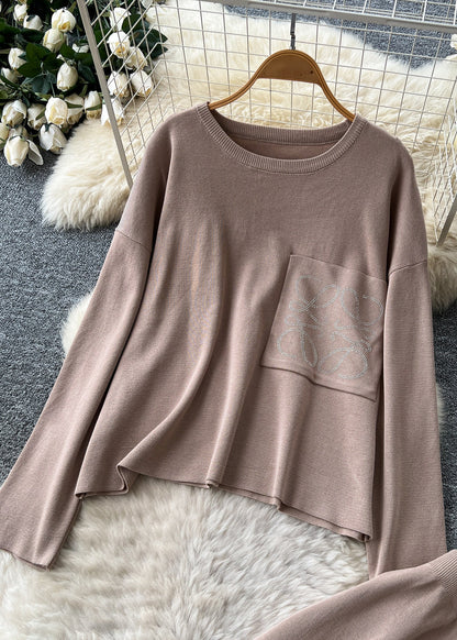 Modern Khaki Oversized Patchwork Pocket Knit Two Pieces Set Fall