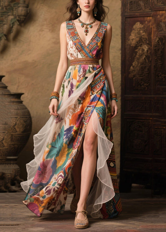 Modern Khaki Print Side Open Chiffon Beach Dresses Summer