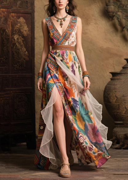 Modern Khaki Print Side Open Chiffon Beach Dresses Summer