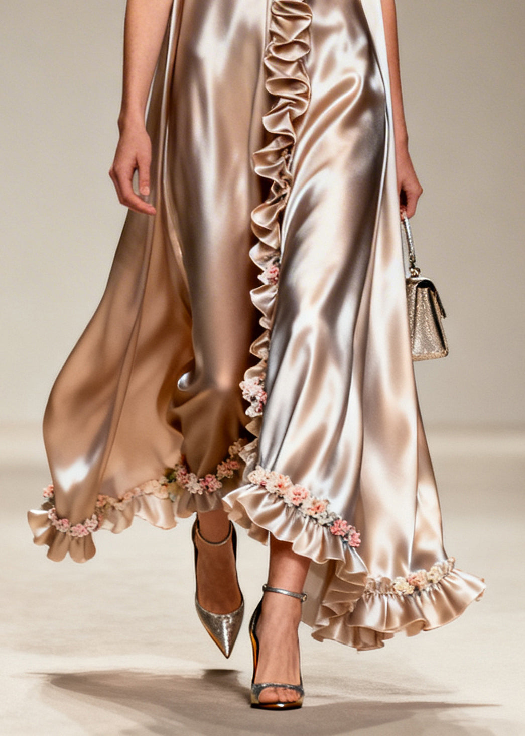 Modern Khaki Ruffled Floral Silk Robe Dresses Sleeveless