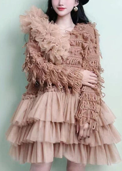 Modern Khaki Tasseled Patchwork Knit Dress Spring