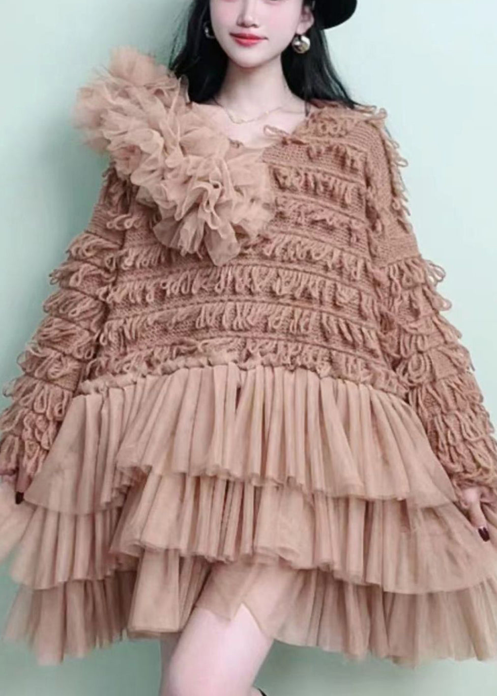 Modern Khaki Tasseled Patchwork Knit Dress Spring