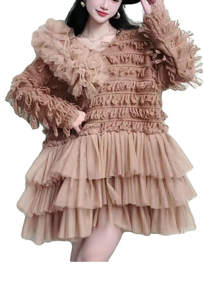 Modern Khaki Tasseled Patchwork Knit Dress Spring