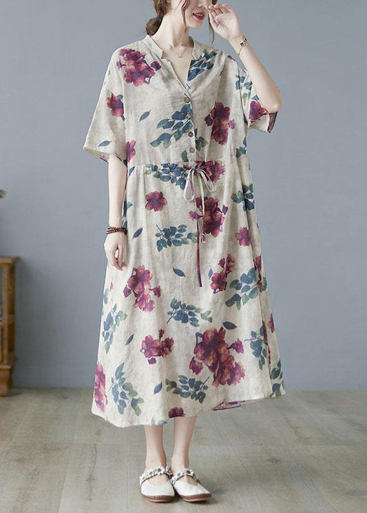 Modern Khaki V Neck Button Summer Tie Waist Party Dresses Half Sleeve - SooLinen