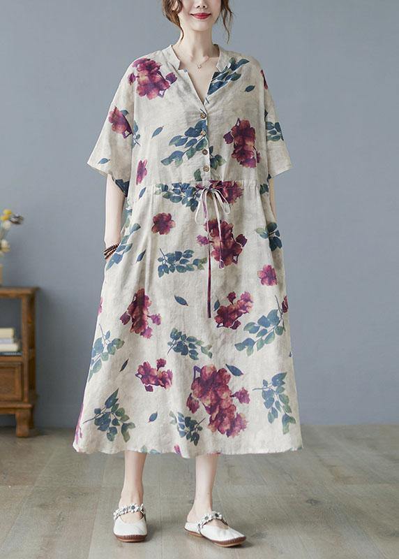 Modern Khaki V Neck Button Summer Tie Waist Party Dresses Half Sleeve - SooLinen