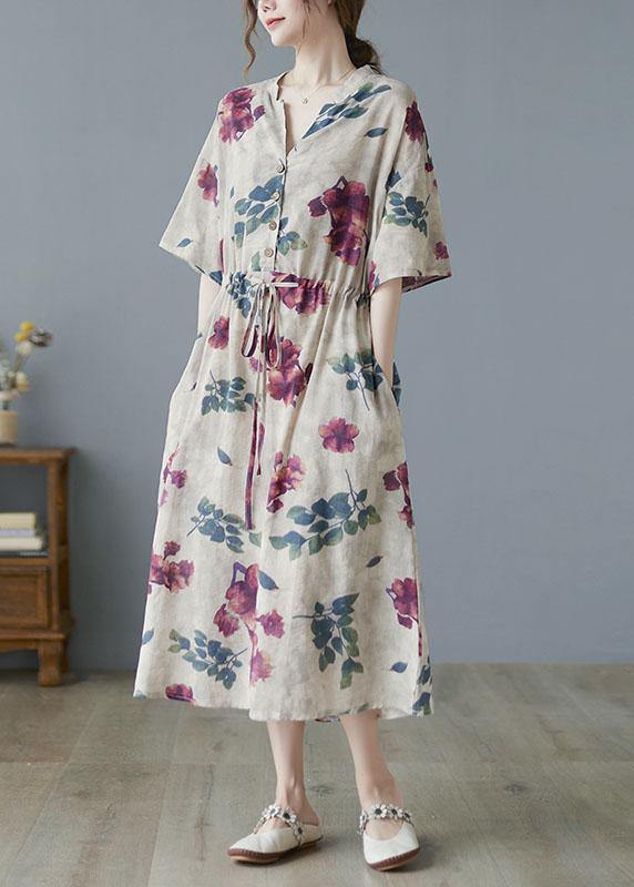 Modern Khaki V Neck Button Summer Tie Waist Party Dresses Half Sleeve - SooLinen