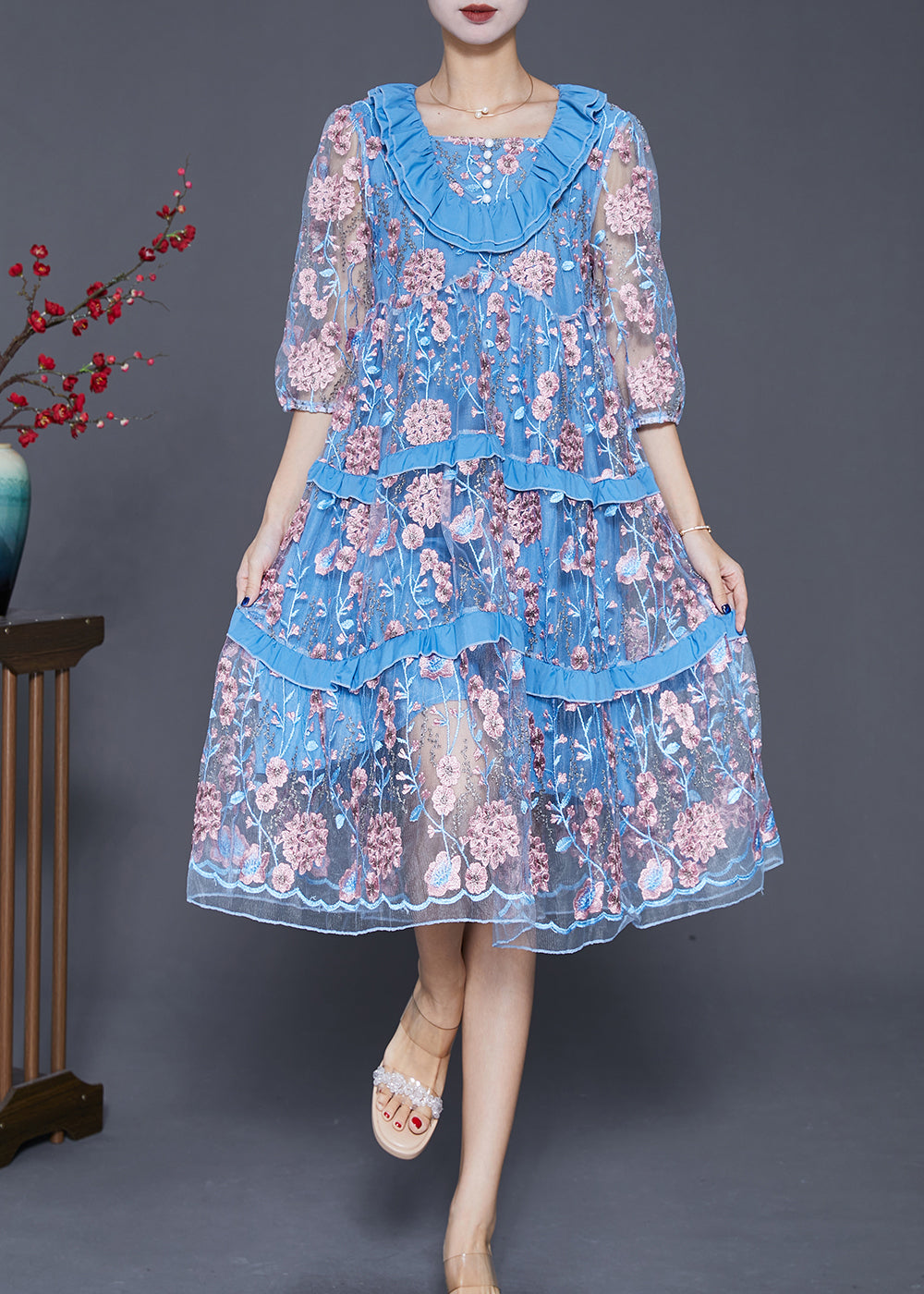 Modern Lake Blue Ruffled Patchwork Embroidered Tulle Dress Summer