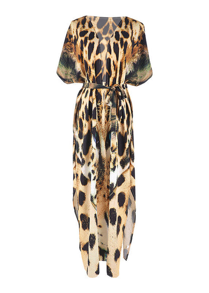 Modern Leopard V Neck Print Tie Waist Long Smock Summer