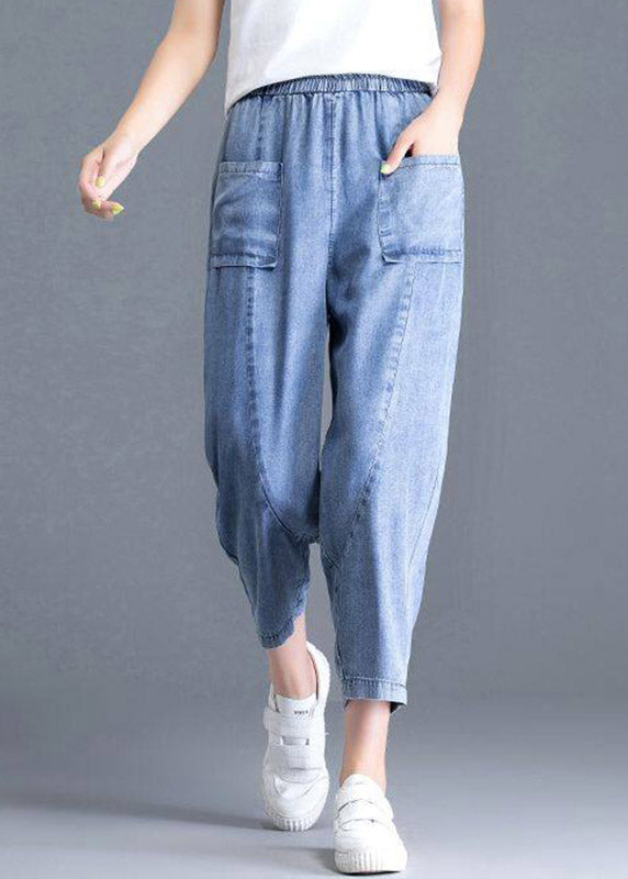 Modern Light Blue Elastic Waist Pockets Harem Jeans Summer
