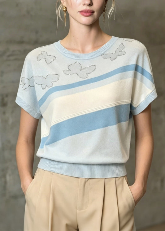 Modern Light Blue O Neck Zircon Thin Knit T Shirt Summer