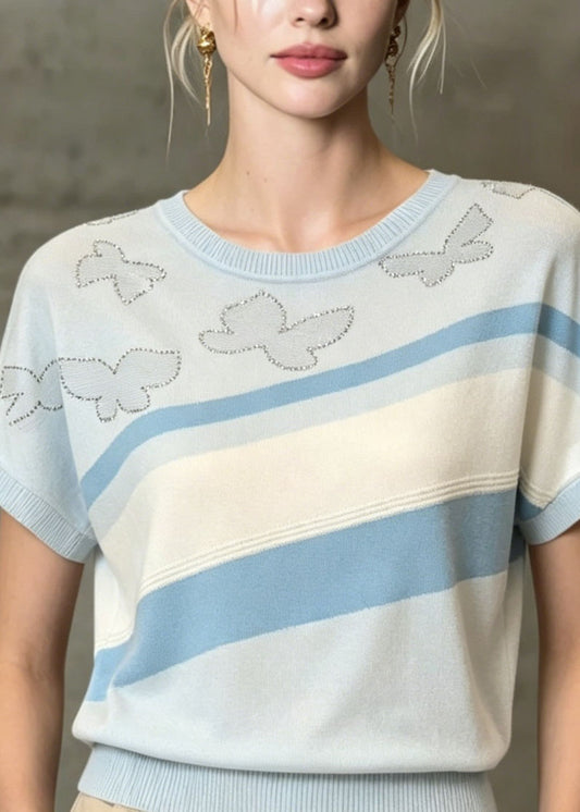 Modern Light Blue O Neck Zircon Thin Knit T Shirt Summer
