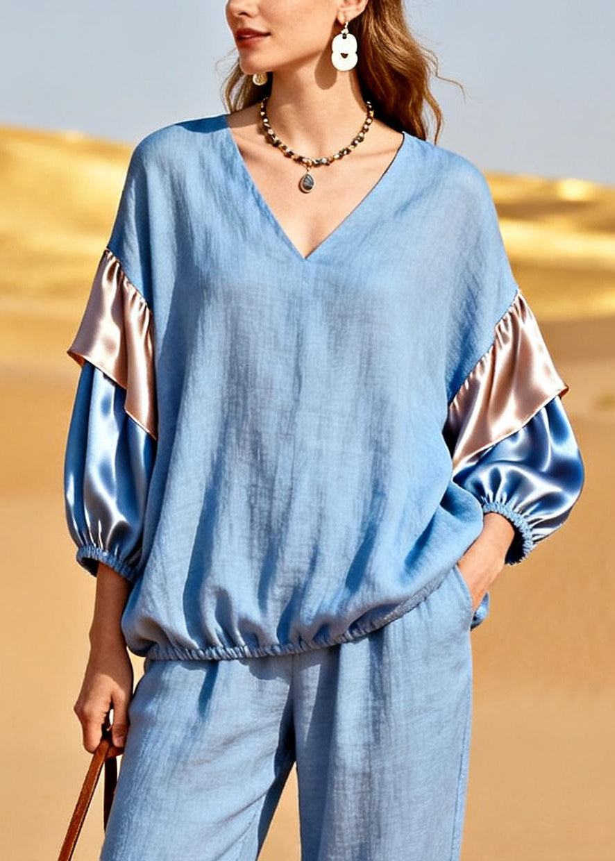 Modern Light Blue V Neck Patchwork Linen Silk Two Pieces Set Bracelet Sleeve