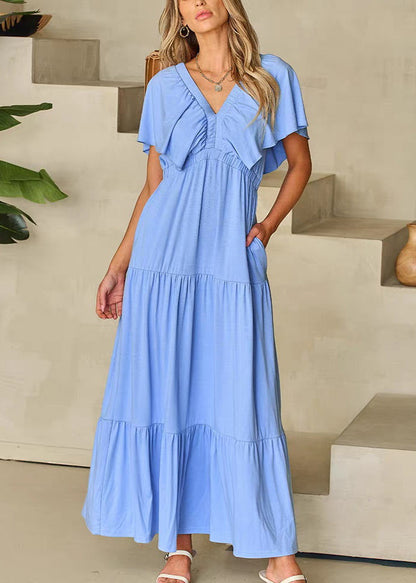 Modern Light Blue V Neck Wrinkled Solid Long Dresses Short Sleeve