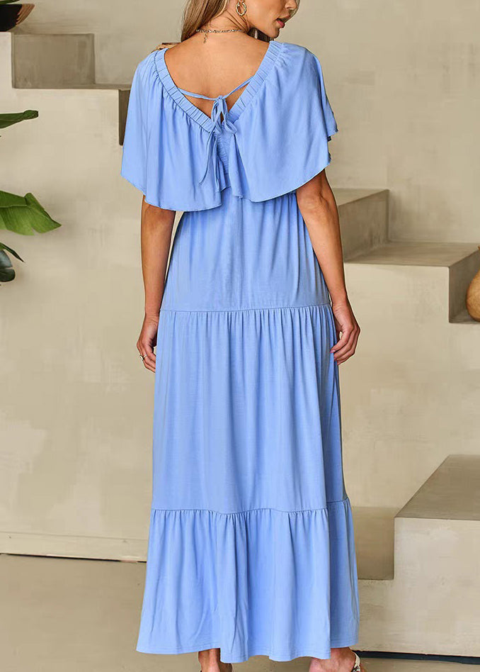 Modern Light Blue V Neck Wrinkled Solid Long Dresses Short Sleeve