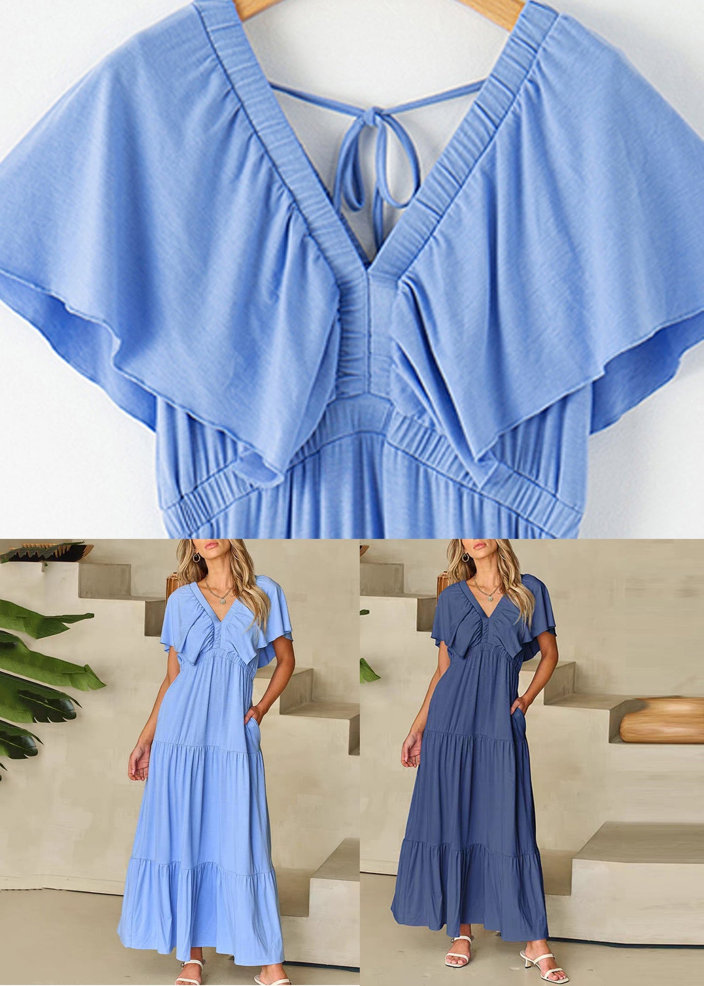 Modern Light Blue V Neck Wrinkled Solid Long Dresses Short Sleeve