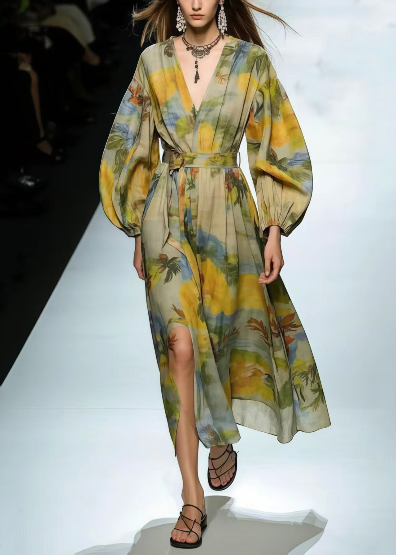 Modern Light Green V Neck Print Cotton Tunic Dress Spring