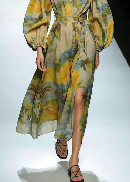 Modern Light Green V Neck Print Cotton Tunic Dress Spring