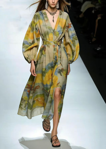 Modern Light Green V Neck Print Cotton Tunic Dress Spring