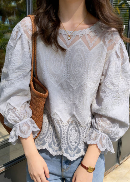 Modern Light Grey Embroidered Lace Blouse Tops Summer