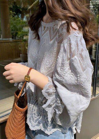 Modern Light Grey Embroidered Lace Blouse Tops Summer