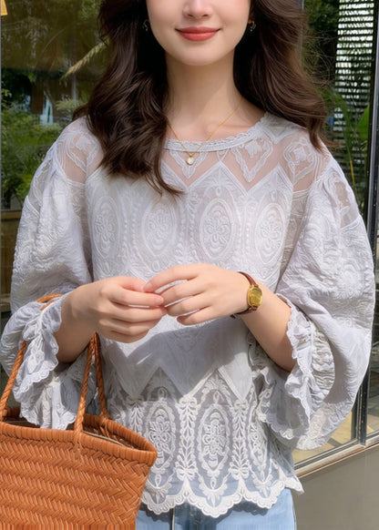 Modern Light Grey Embroidered Lace Blouse Tops Summer
