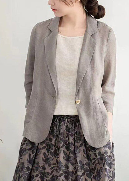Modern Light Grey Notched Patchwork Solid Linen Coats Half Sleeve