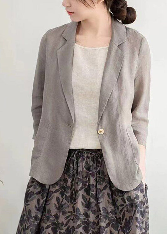 Modern Light Grey Notched Patchwork Solid Linen Coats Half Sleeve