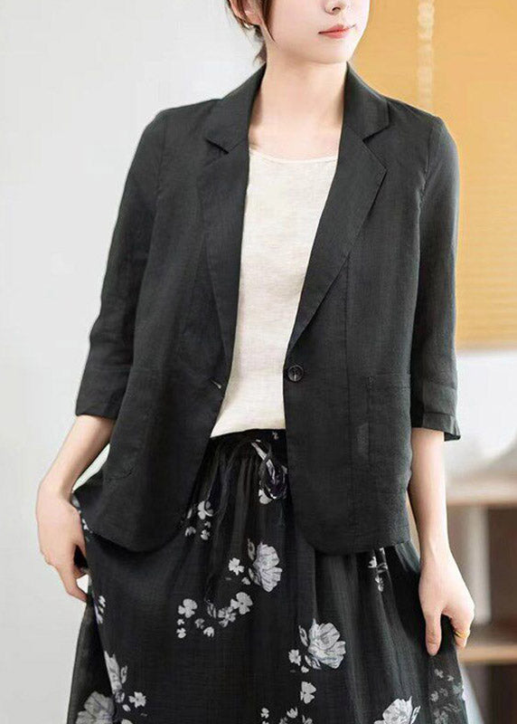 Modern Light Grey Notched Patchwork Solid Linen Coats Half Sleeve