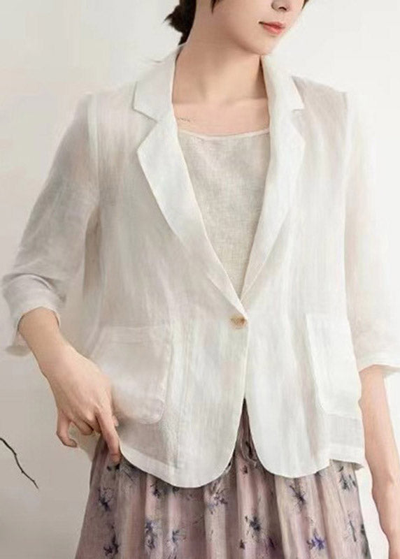 Modern Light Grey Notched Patchwork Solid Linen Coats Half Sleeve