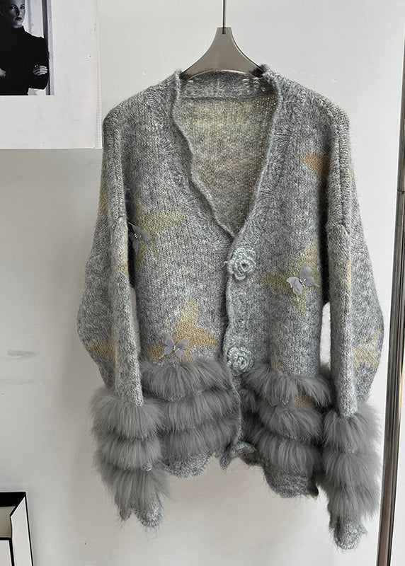 Modern Light Grey V Neck Fur Floral Cotton Knit Cardigans Spring