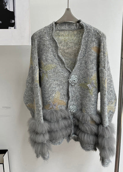 Modern Light Grey V Neck Fur Floral Cotton Knit Cardigans Spring