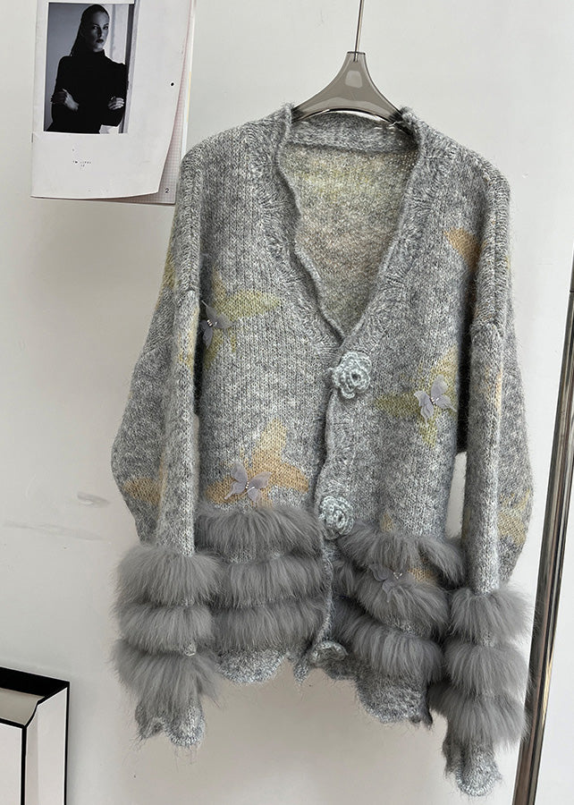Modern Light Grey V Neck Fur Floral Cotton Knit Cardigans Spring