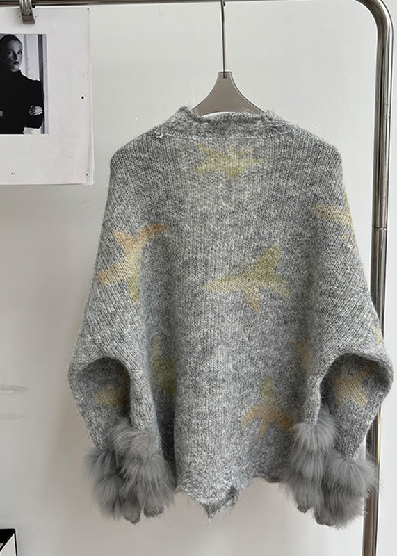Modern Light Grey V Neck Fur Floral Cotton Knit Cardigans Spring
