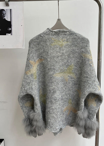 Modern Light Grey V Neck Fur Floral Cotton Knit Cardigans Spring