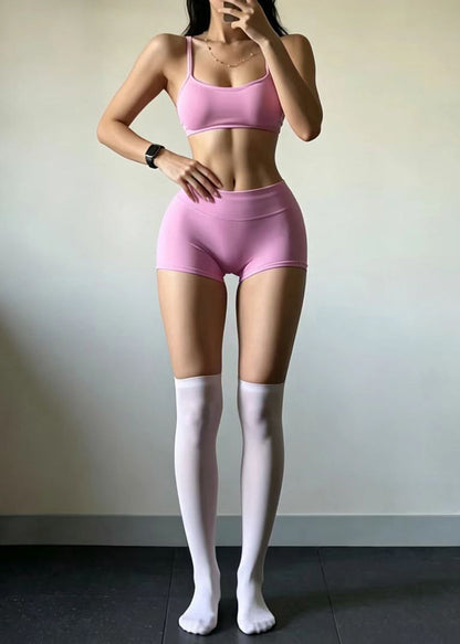 Modern Light Pink Cross Strap Sports Bra High Waist Shorts Workout Two Piece Set