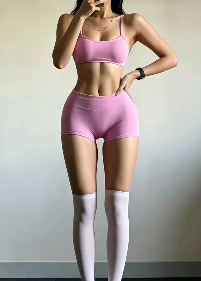 Modern Light Pink Cross Strap Sports Bra High Waist Shorts Workout Two Piece Set