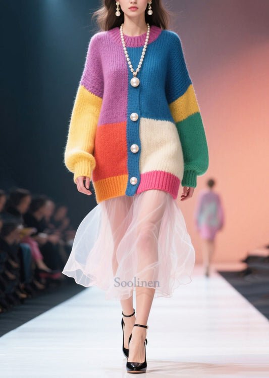 Modern Mixed Color Pearl Patchwork Tulle Sweater Dress Winter