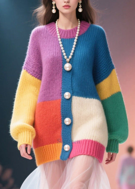 Modern Mixed Color Pearl Patchwork Tulle Sweater Dress Winter