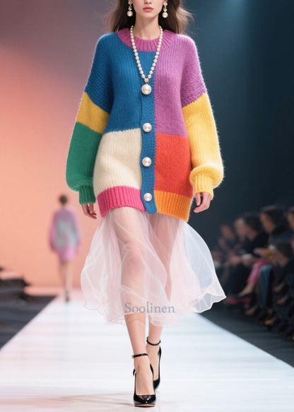 Modern Mixed Color Pearl Patchwork Tulle Sweater Dress Winter