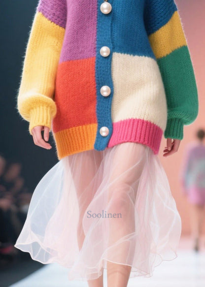 Modern Mixed Color Pearl Patchwork Tulle Sweater Dress Winter