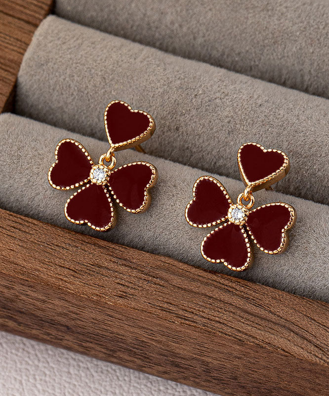 Modern Mulberry Copper Overgild Drip Glaze Four-Leaf Gold Stud Earrings