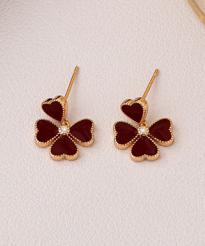 Modern Mulberry Copper Overgild Drip Glaze Four-Leaf Gold Stud Earrings
