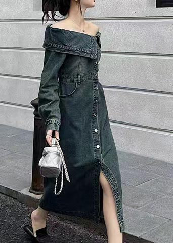 Modern Navy Cold Shoulder Side Open Denim Dresses Summer
