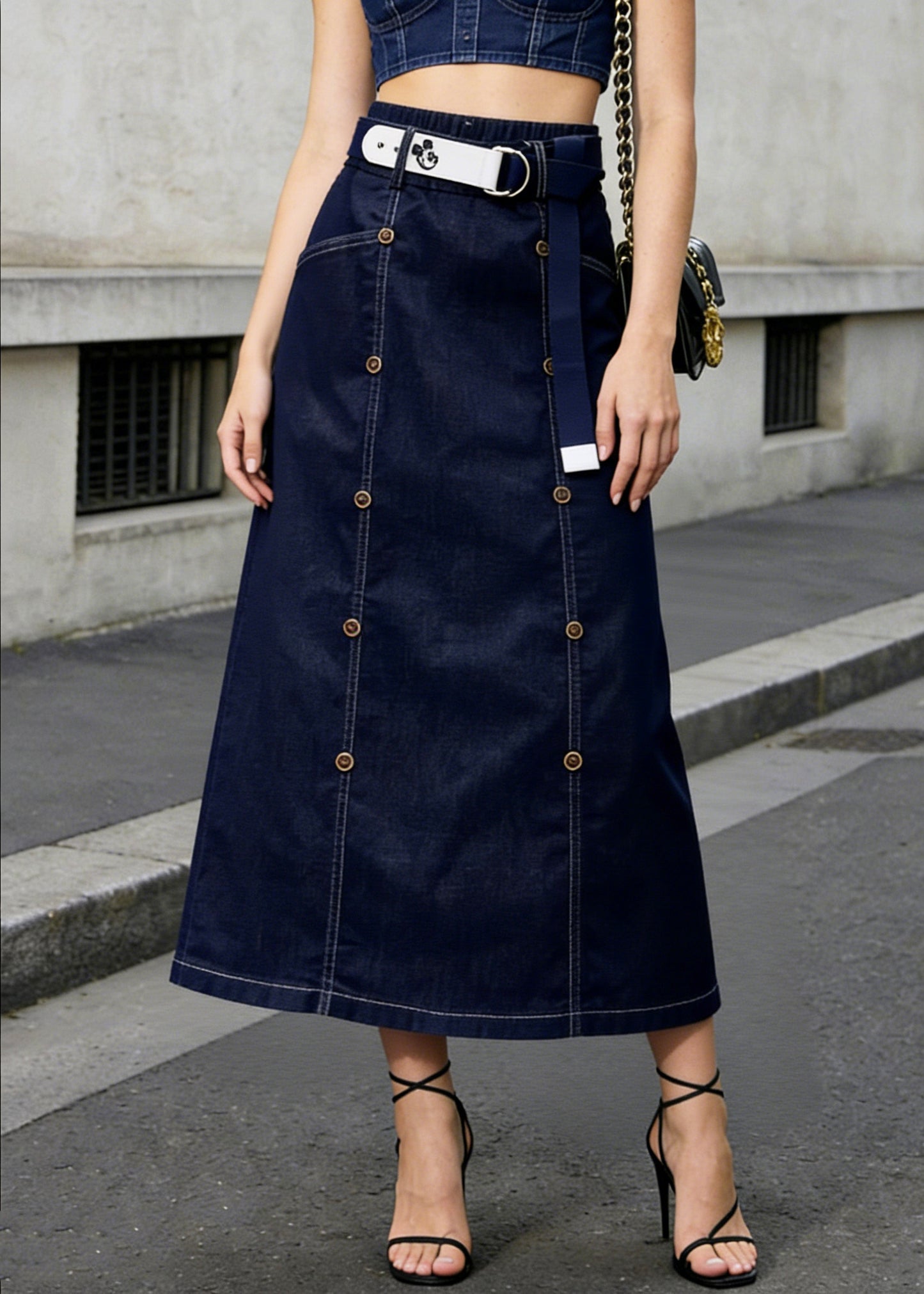 Modern Navy Double Breast Denim A Line Skirt Summer