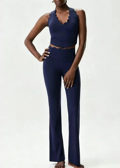Modern Navy Halter Top And Flare Leggings Athletic Yoga Set Outfit