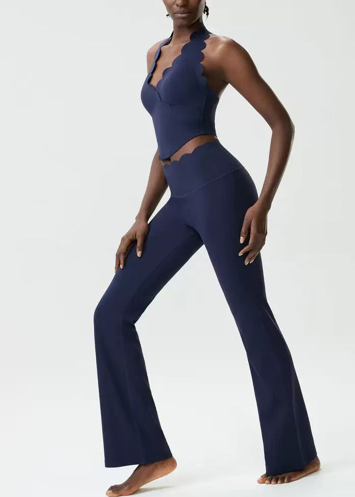 Modern Navy Halter Top And Flare Leggings Athletic Yoga Set Outfit