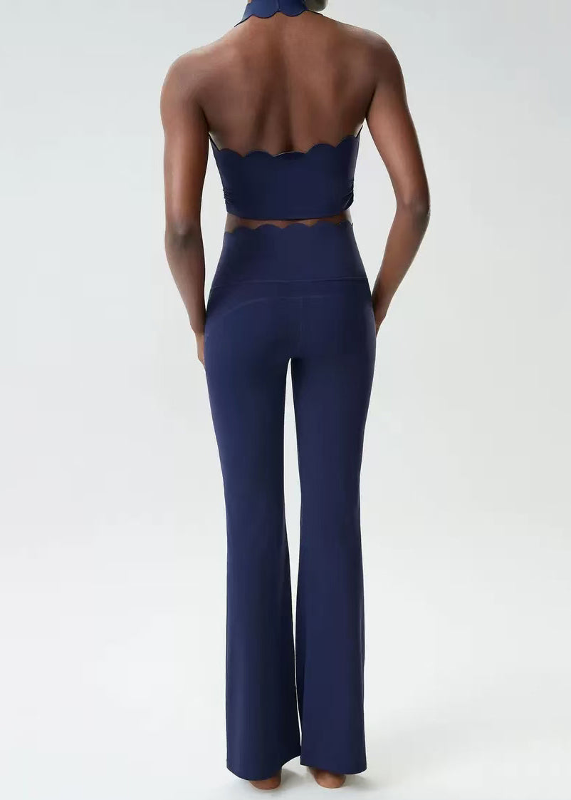 Modern Navy Halter Top And Flare Leggings Athletic Yoga Set Outfit