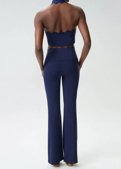Modern Navy Halter Top And Flare Leggings Athletic Yoga Set Outfit